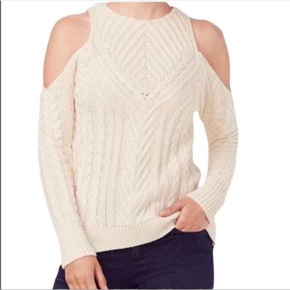 LC Lauren Conrad Sweaters - LC Lauren conrad cream cable knit cold shoulder sweater with pearl accents